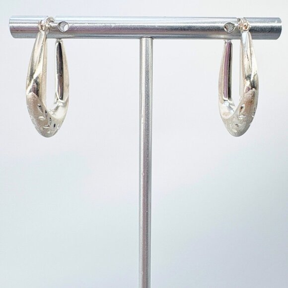 VTG Solid Sterling Silver 925 Etched Puffed Hoop Earrings Size 1" Length - Picture 1 of 7